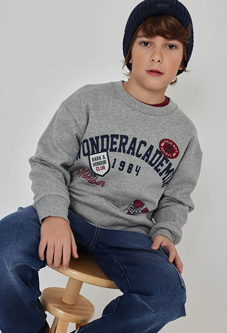 Sweat-shirt molleton garçon gris chiné imprimé