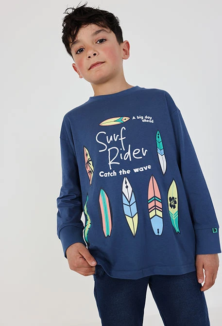 Camiseta niño de algodón manga larga algodón azul