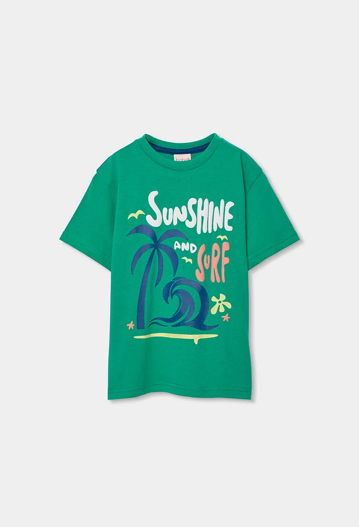 Kinderset Baumwoll-T-Shirt und blaue Hose.