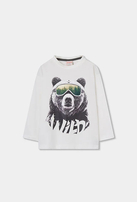 Camiseta de malha menino branca estampado urso