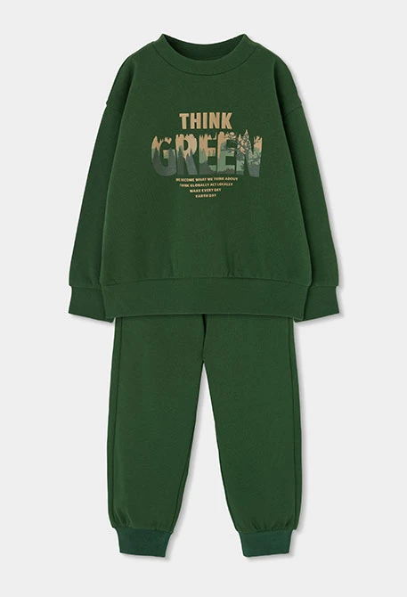 Conjunto de malha rapaz verde estampado Think Green