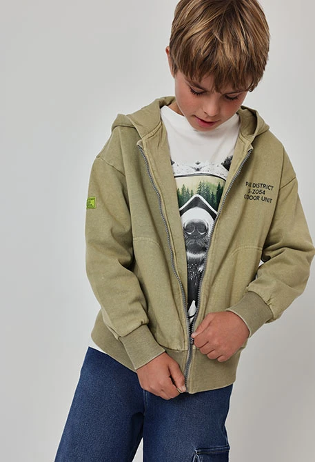 Giacca in spugna bambino verde con cappuccio