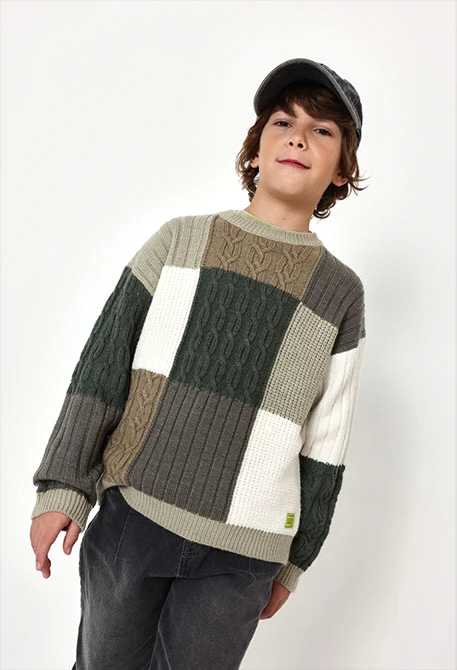 White multicolour patchwork boy\'s jumper