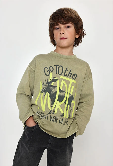 Camiseta de malha menino verde estampado alce