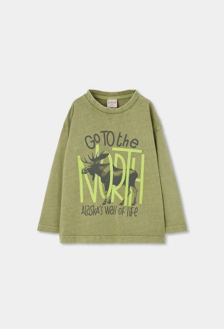 Jungen-Strickshirt grün mit Elch-Aufdruck