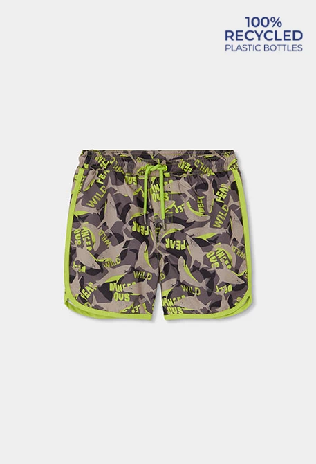 Maillot de bain enfant en tissu recyclé marron.