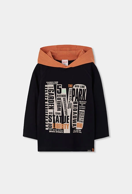 Camiseta punto niño negra con capucha estampada NY