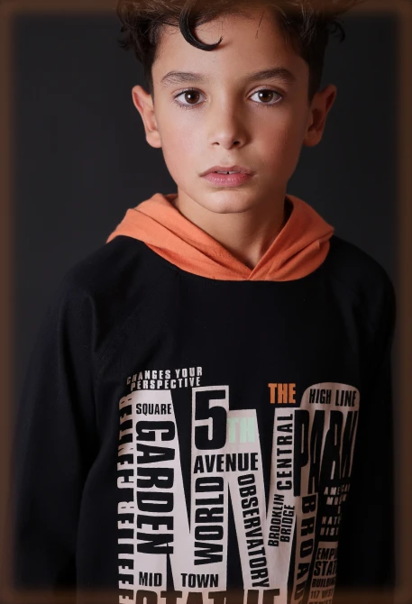 Black hooded printed NY knit T-shirt for boys