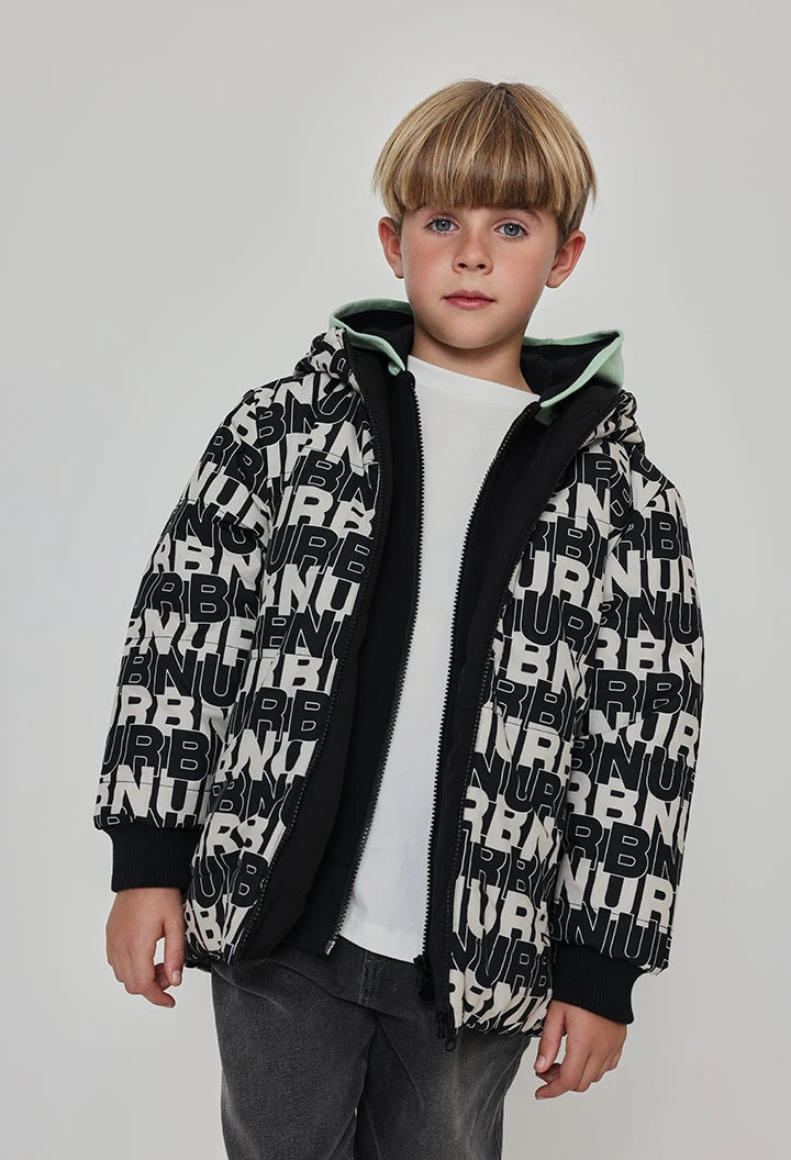 Parka en tissu technique réversible garçon imprimé lettres noir