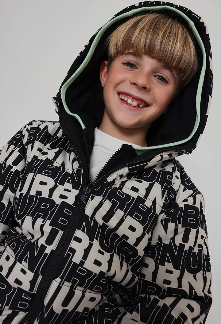 Parka en tissu technique réversible garçon imprimé lettres noir