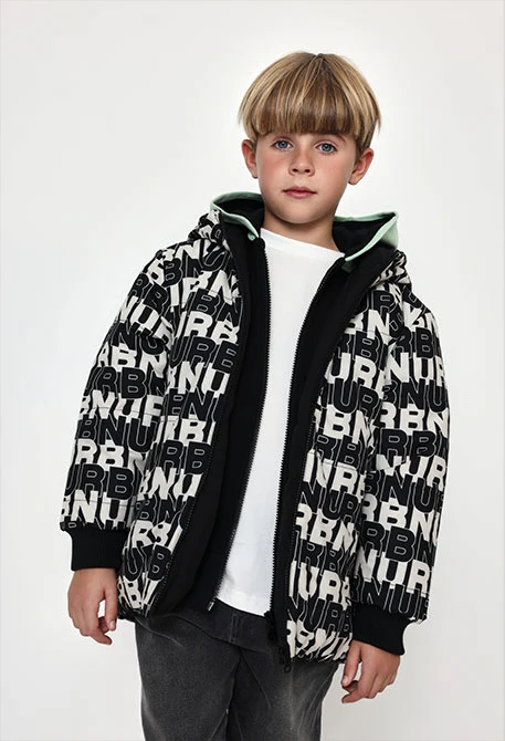 Parka teixit tècnic reversible nen estampat lletres negre