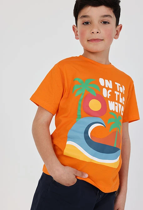Boy?s orange printed cotton T-shirt