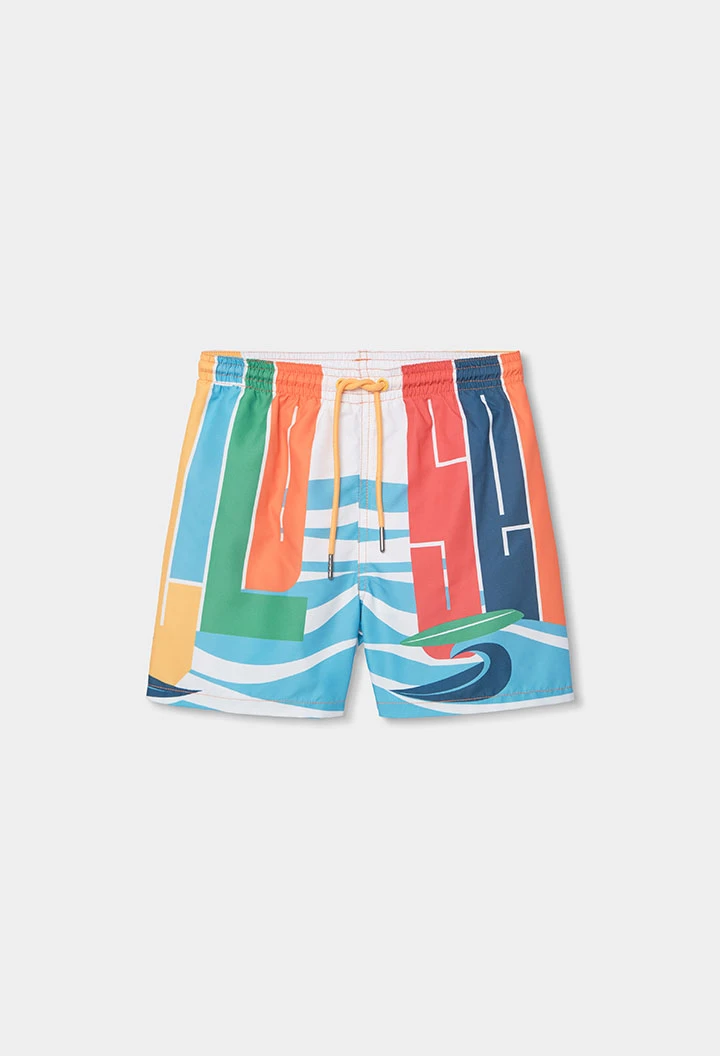 Maillot de bain enfant en tissu recyclé orange avec imprimé