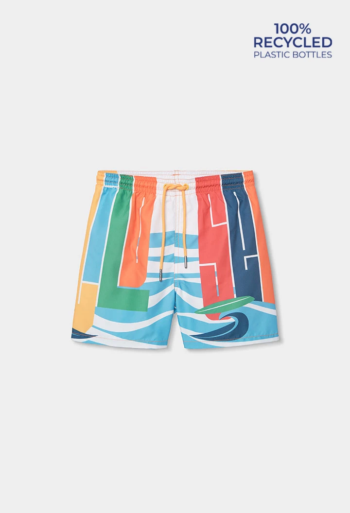 Fato de banho menino tecido reciclado laranja com estampado