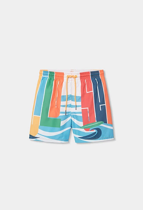 Fato de banho menino tecido reciclado laranja com estampado