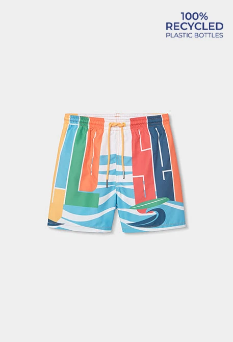 Jungen-Badeanzug aus recyceltem Stoff, orange mit Print