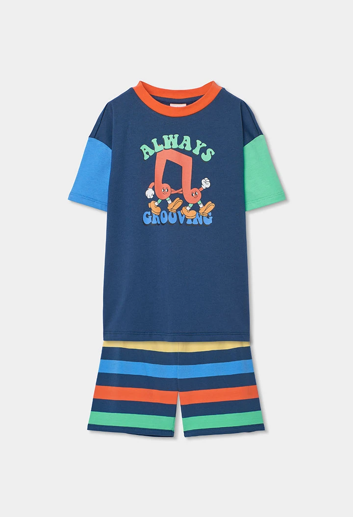 Blauer Kinderpyjama aus gestreifter Baumwolle