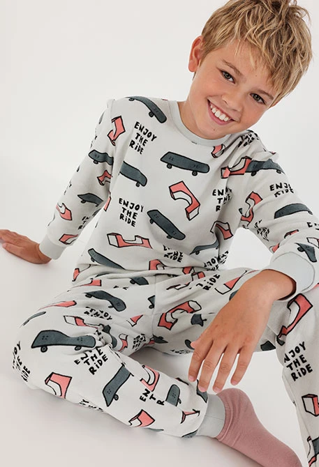 Pigiama in spugna bambino grigio con stampa skate