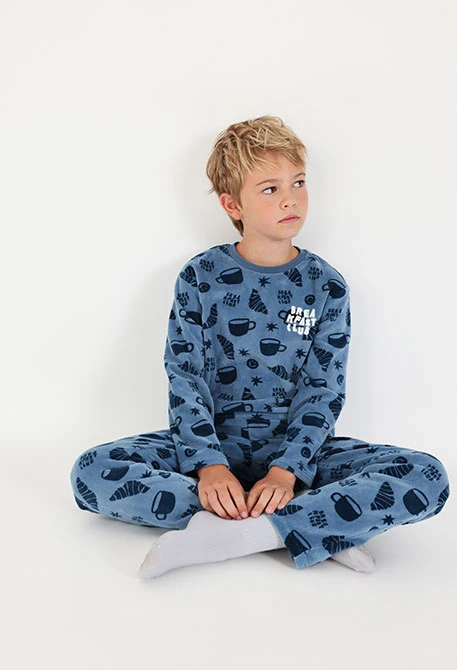 Pijama felpa niño azul estampado croissants