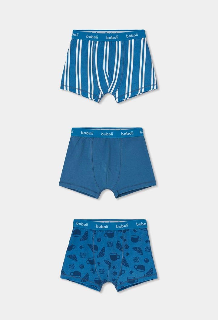 Pack 3 Boxershorts blau mit Streifen- und Croissant-Aufdruck