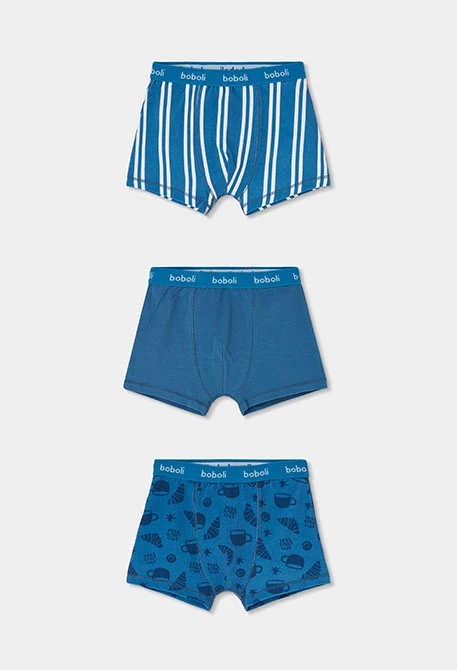 Pack 3 Boxershorts blau mit Streifen- und Croissant-Aufdruck