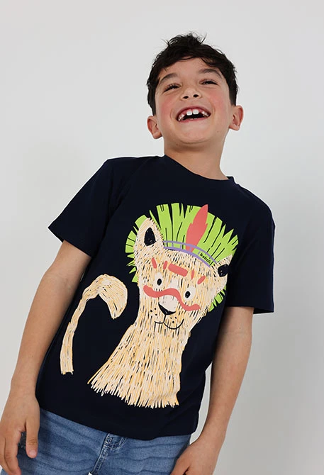 T-shirt garçon coton bleu marine lion