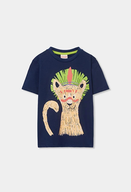 T-shirt garçon coton bleu marine lion