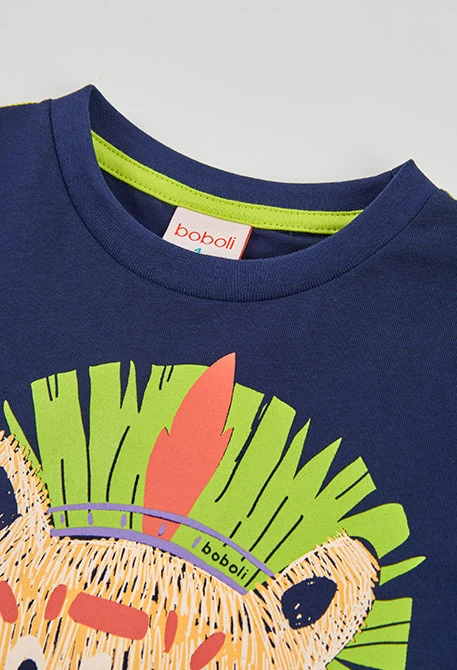 T-shirt garçon coton bleu marine lion