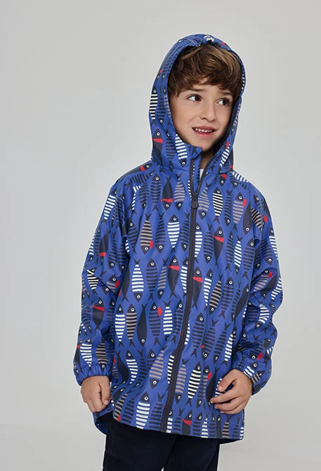 Imperméable bleu imprimé poissons à capuche