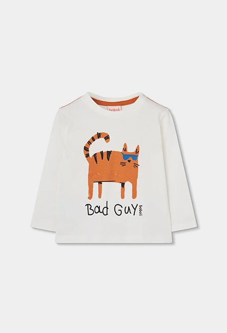 Camiseta punto niño blanca estampado de gato