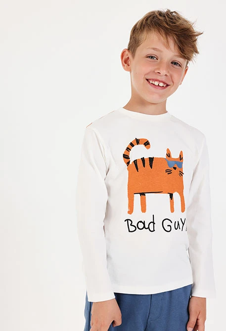 Maglietta in maglia bambino bianca con stampa di gatto
