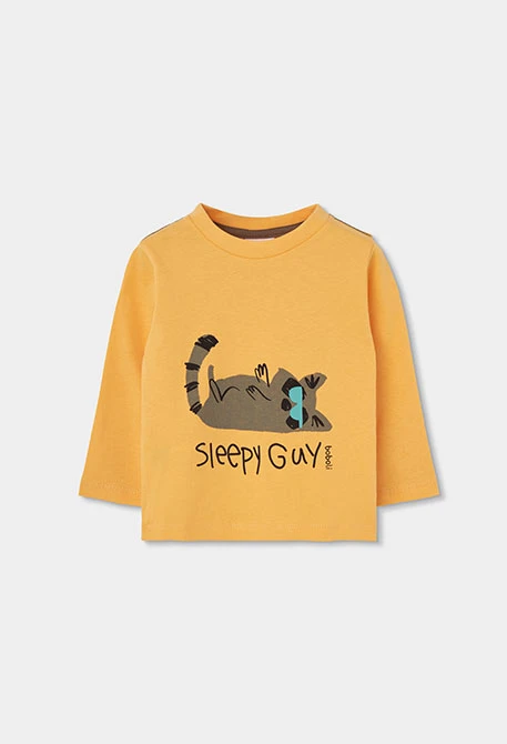 Boy\'s yellow cat print knitted T-shirt
