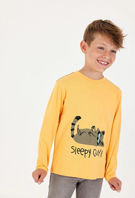 Maglietta in maglia bambino gialla con stampa gatto