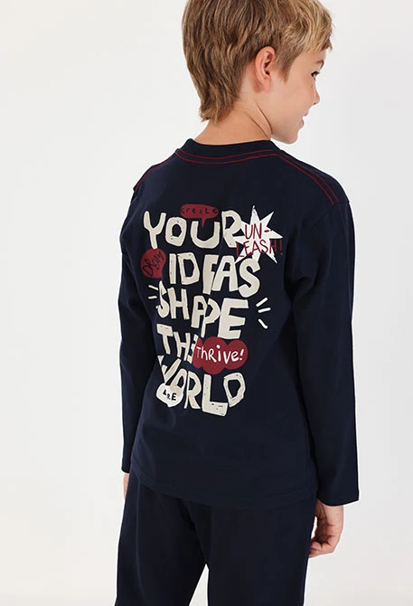 Jungen-Strickshirt marineblau mit Dream-Aufdruck