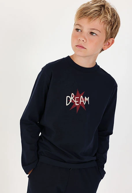 Navy blue printed \"Dream\" knitted T-shirt for boys