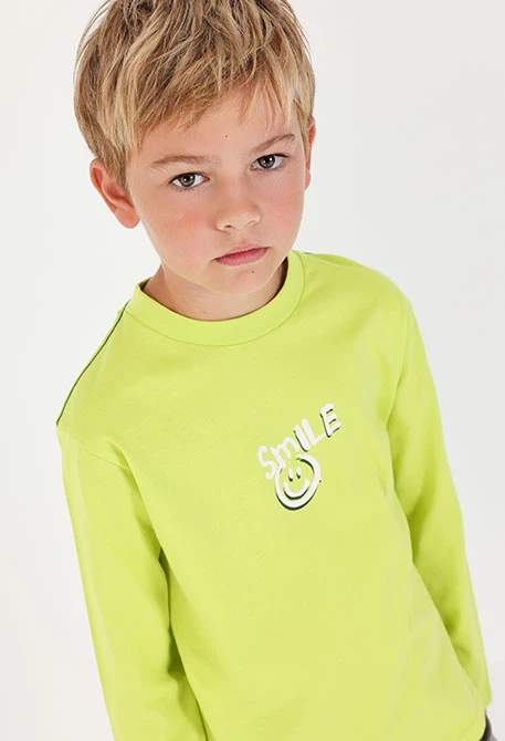 Maglietta in maglia bambino verde stampa Smile