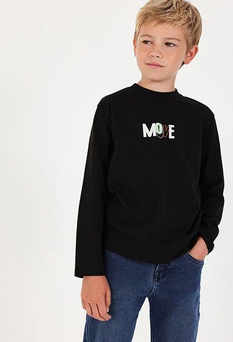 Maglietta in maglia bambino nera stampa MOVE