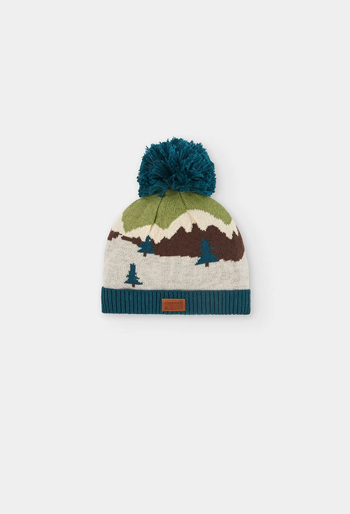 Mountain print green hat with pompom