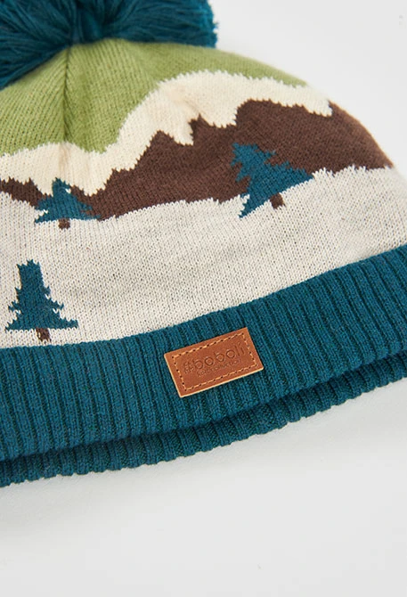 Mountain print green hat with pompom