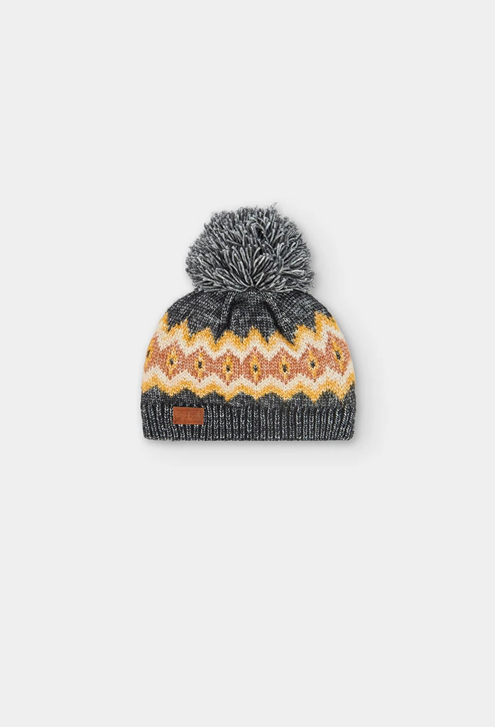 Grey vigore hat with borders and pompom