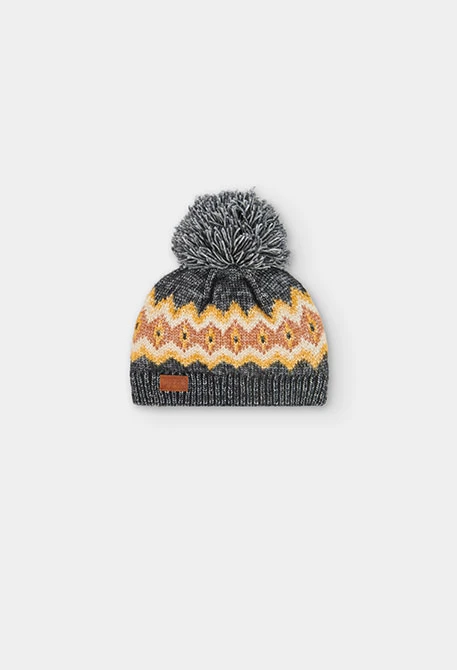 Grey vigore hat with borders and pompom