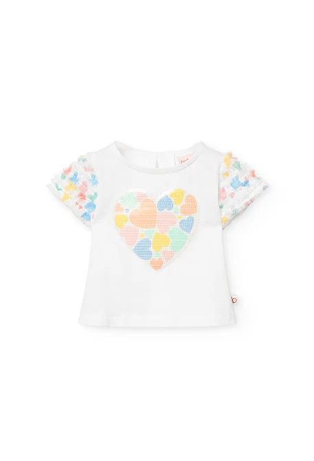 Maglietta in maglia per bambina in colore bianco con stampa a cuore.
