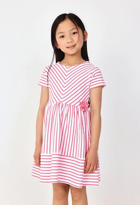 Abito in maglia per bambina con stampa a righe rosa e bianco