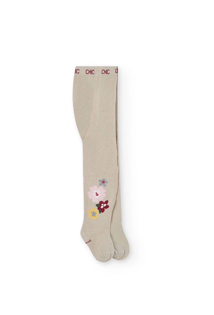 Collant en maille fleurs beige