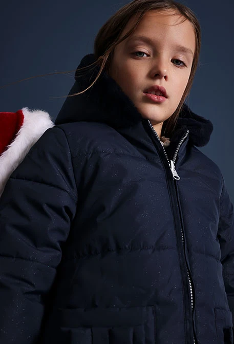 Parka fille en tissu technique bleu marine réversible