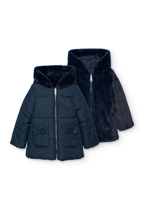 Parka fille en tissu technique bleu marine réversible