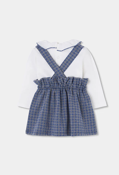 Blue checked baby knit set with braces