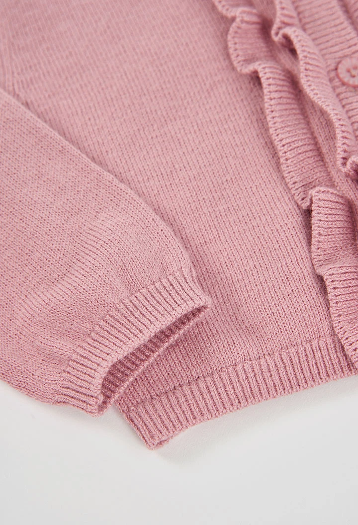 Casaco de malha bebé menina rosa com folhos