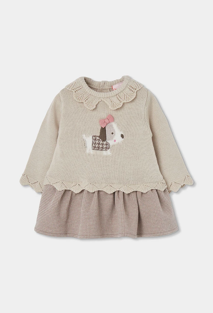 Vestido de bebé bege com bordado de cachorrinho