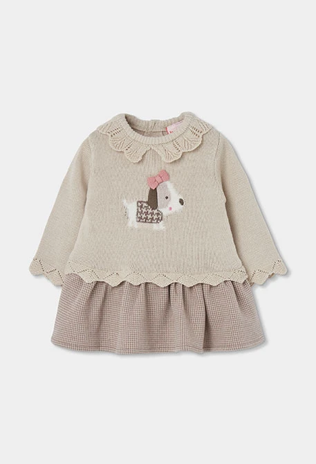 Vestido de bebé bege com bordado de cachorrinho